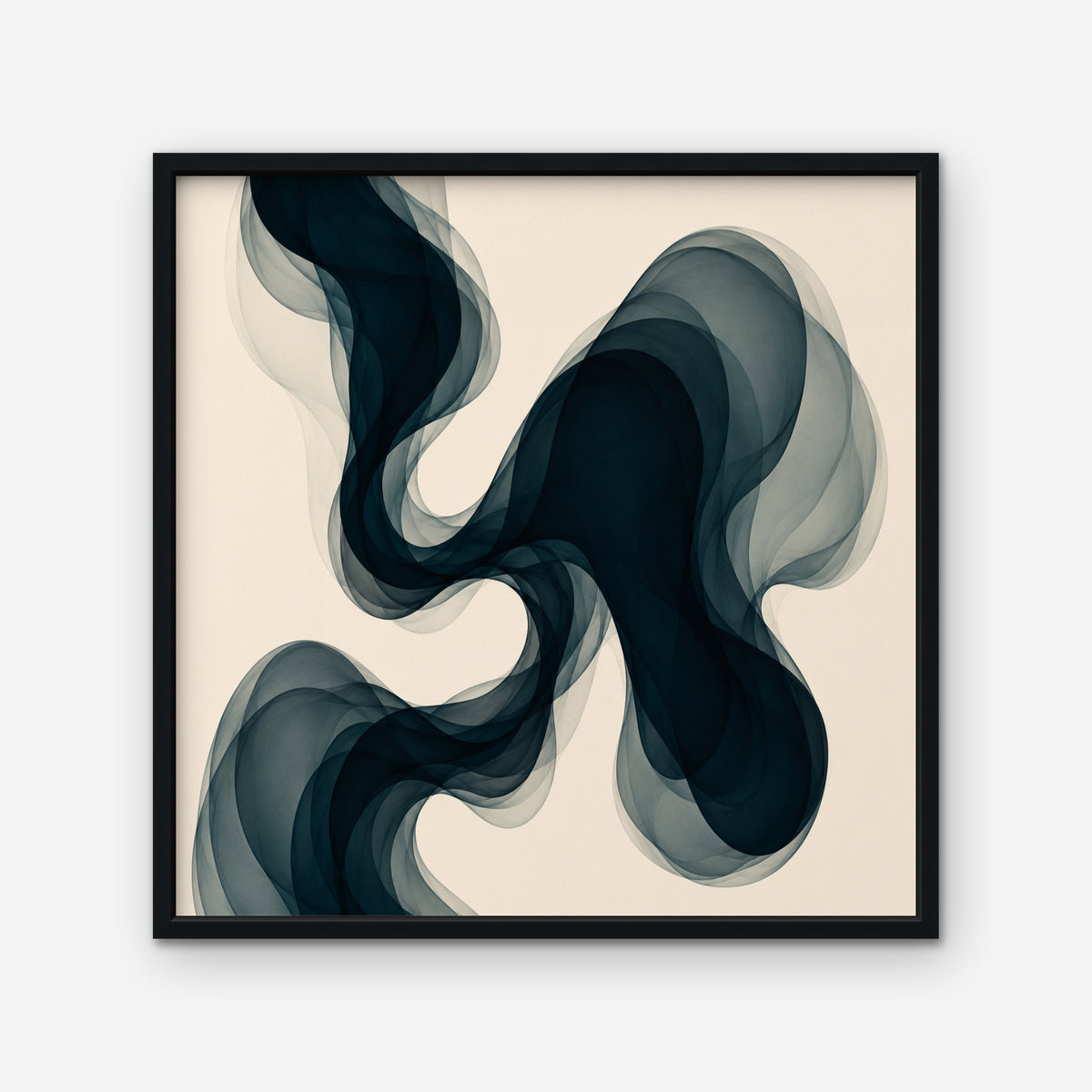 Smoky Teal Drift Canvas Art – square navy and teal abstract print in a black floating frame on a white background