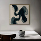 Smoky Teal Drift Canvas Art – square navy and teal abstract print in a gold floating frame in a dining room