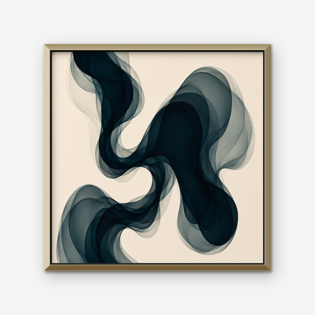 Smoky Teal Drift Canvas Art – square navy and teal abstract print in a gold floating frame on a white background