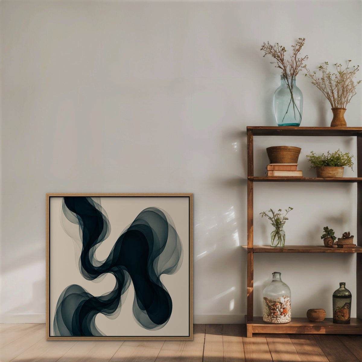 Smoky Teal Drift Canvas Art – square navy and teal abstract print in an oak floating frame styled on a shelf