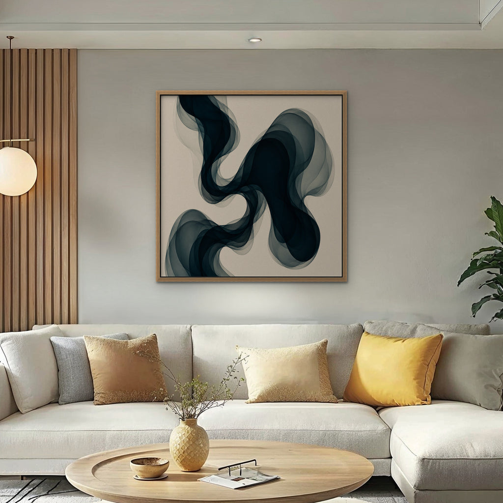Smoky Teal Drift Canvas Art – square navy and teal abstract print in an oak floating frame in a bright living room