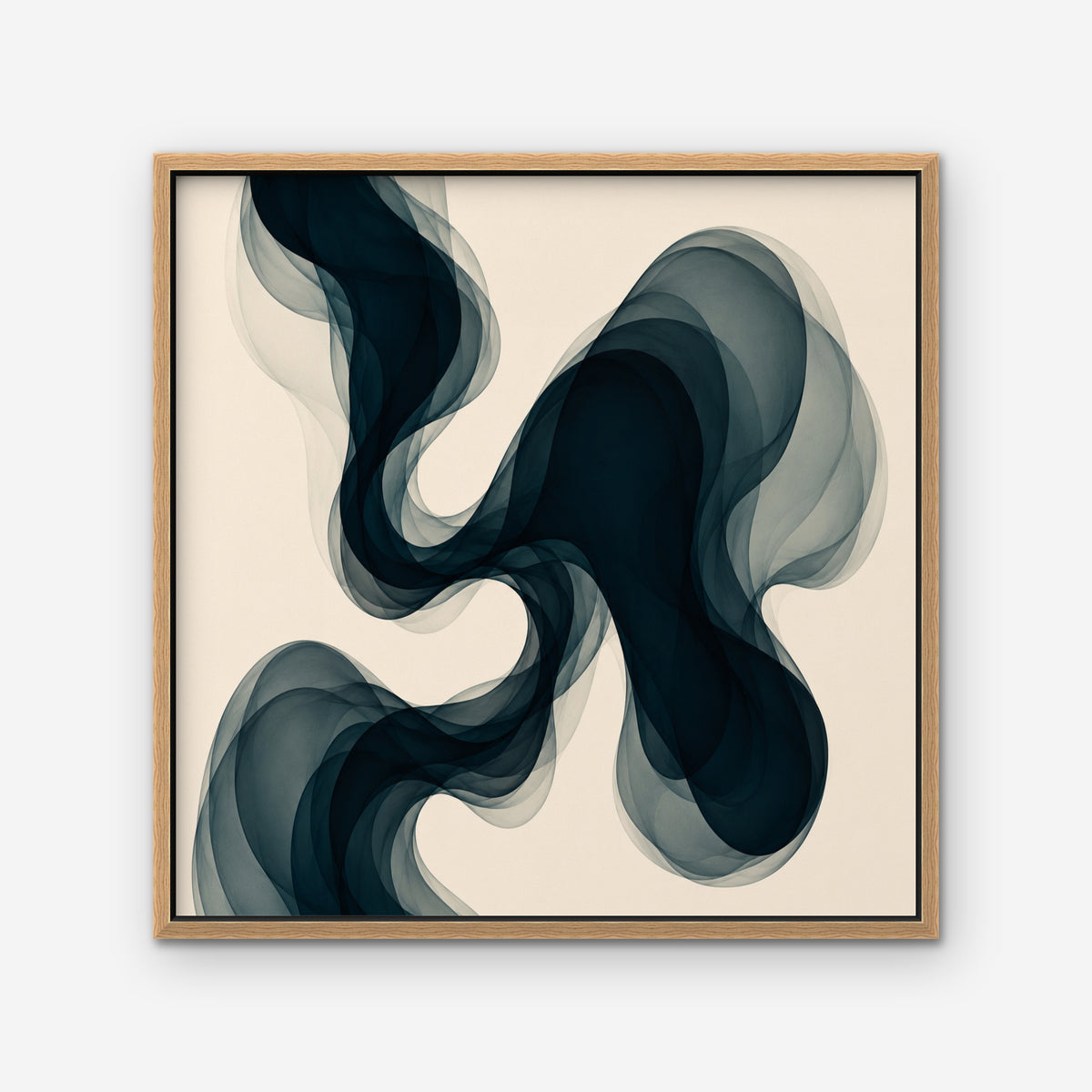 Smoky Teal Drift Canvas Art – square navy and teal abstract print in an oak floating frame on a white background