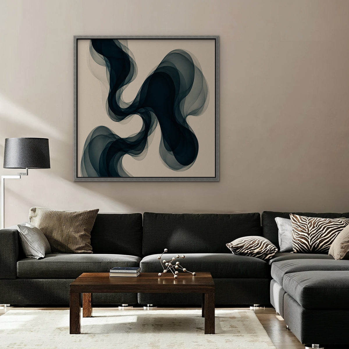 Smoky Teal Drift Canvas Art - Square – Silver Floating Frame in room setting