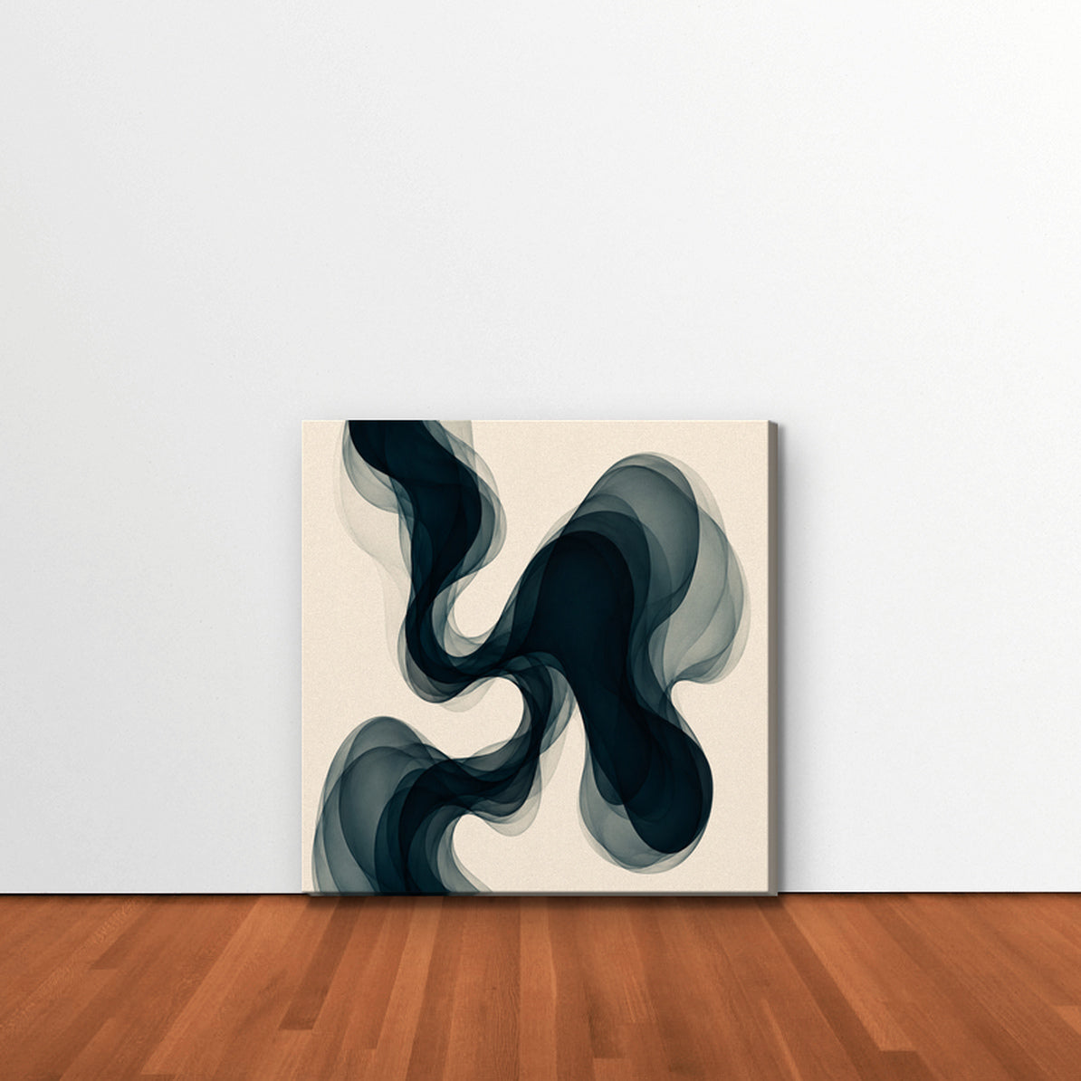 Smoky Teal Drift Canvas Art – square navy and teal abstract print as a gallery-wrapped canvas leaning against a white wall