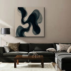Smoky Teal Drift Canvas Art – square navy and teal abstract print as a gallery-wrapped canvas in a taupe living room