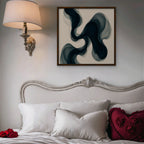 Smoky Teal Drift Canvas Art – square navy and teal abstract print in a walnut floating frame in a bedroom