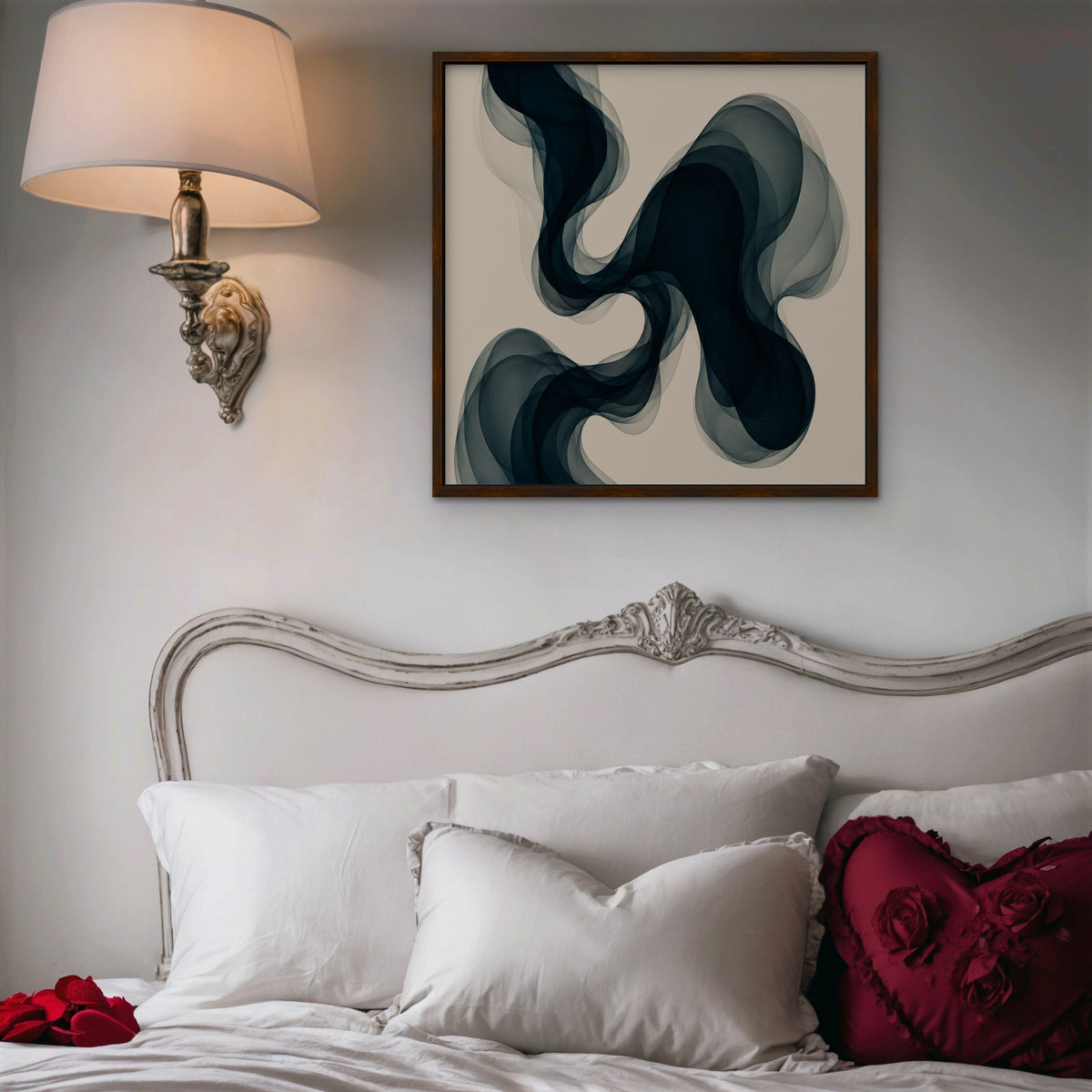 Smoky Teal Drift Canvas Art – square navy and teal abstract print in a walnut floating frame in a bedroom