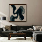 Smoky Teal Drift Canvas Art – square navy and teal abstract print in a walnut floating frame in a taupe living room