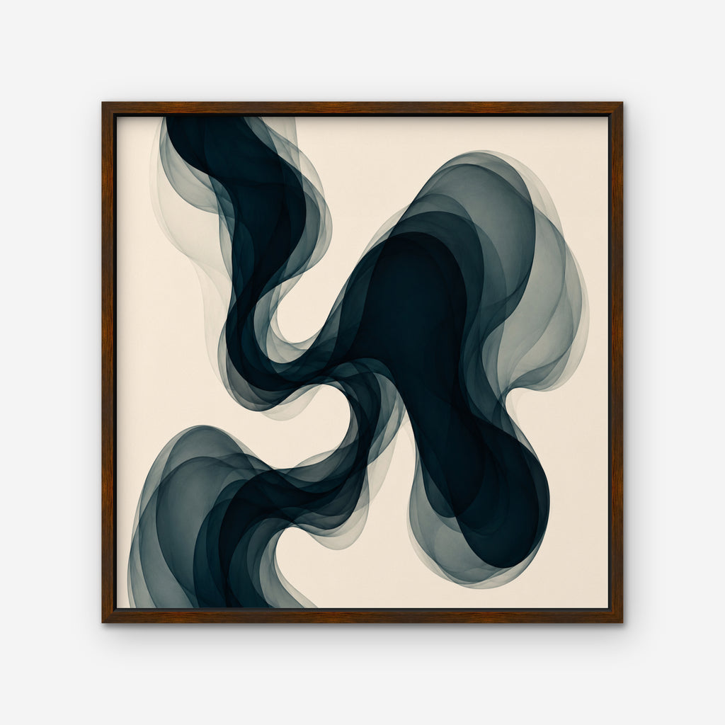 Smoky Teal Drift Canvas Art – square navy and teal abstract print in a walnut floating frame on a white background