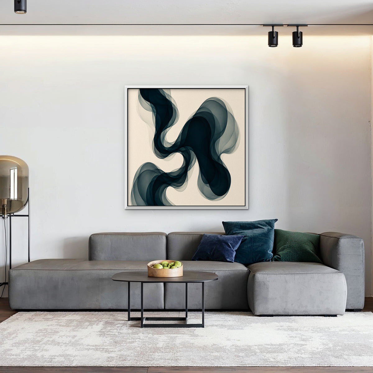 Smoky Teal Drift Canvas Art - Square – White Floating Frame in room setting