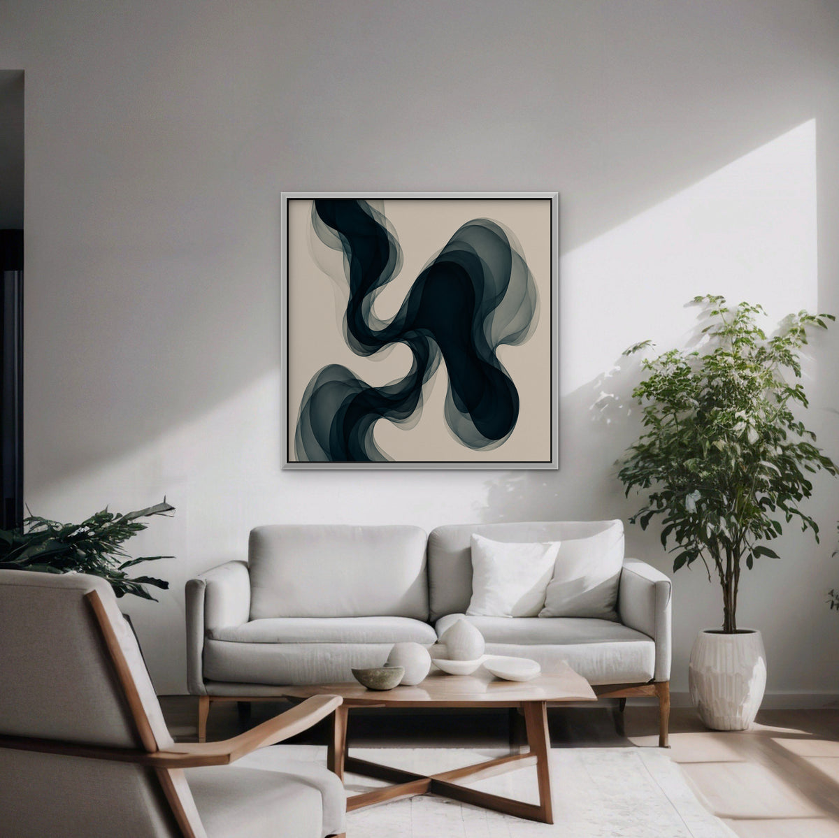 Smoky Teal Drift Canvas Art - Square – White Floating Frame in room setting