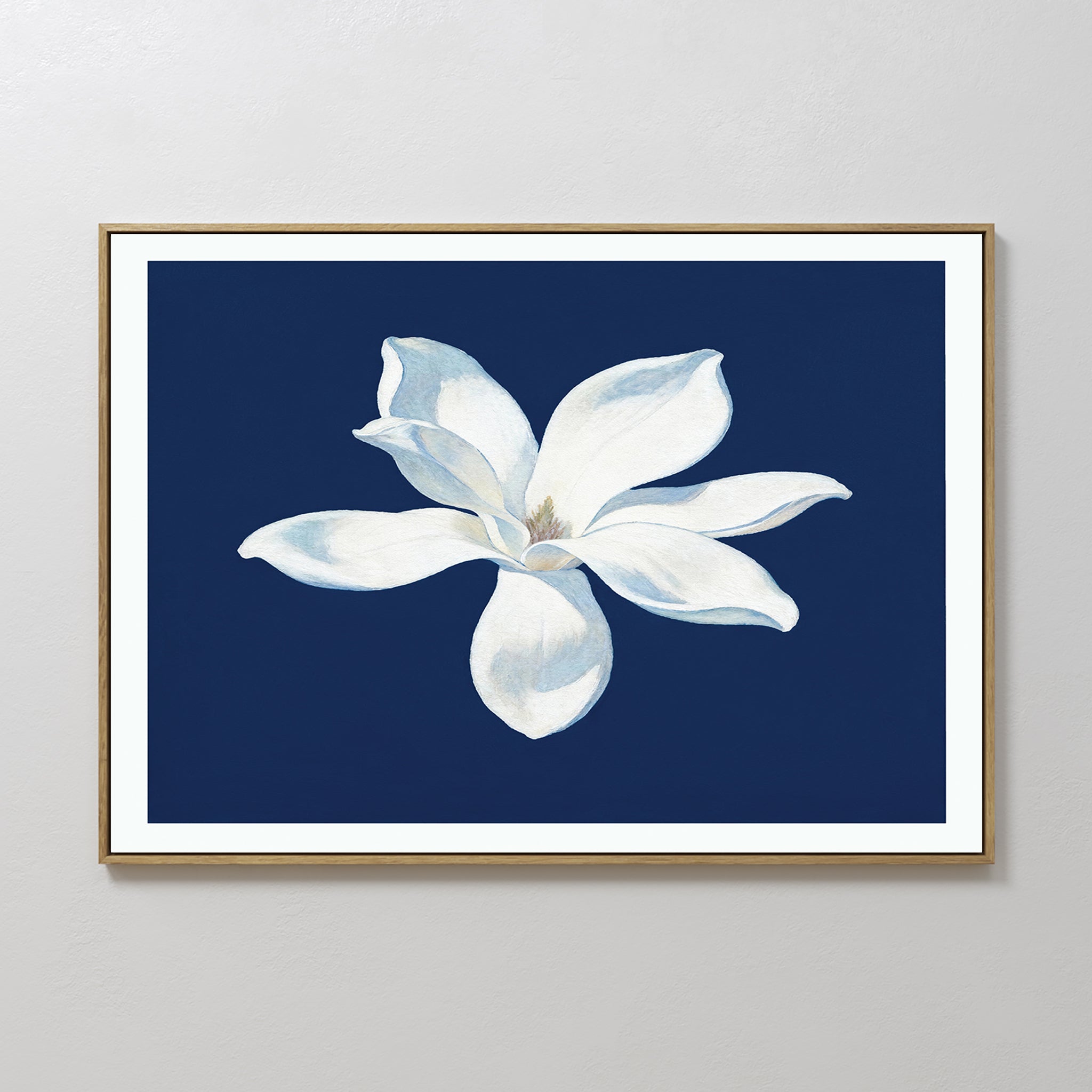 Midnight Magnolia Whisper – blue botanical canvas wall art print by Aspire Prints