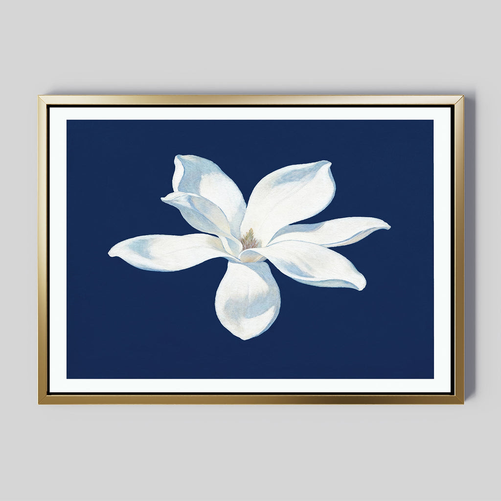 Midnight Magnolia Whisper – blue botanical canvas wall art print by Aspire Prints