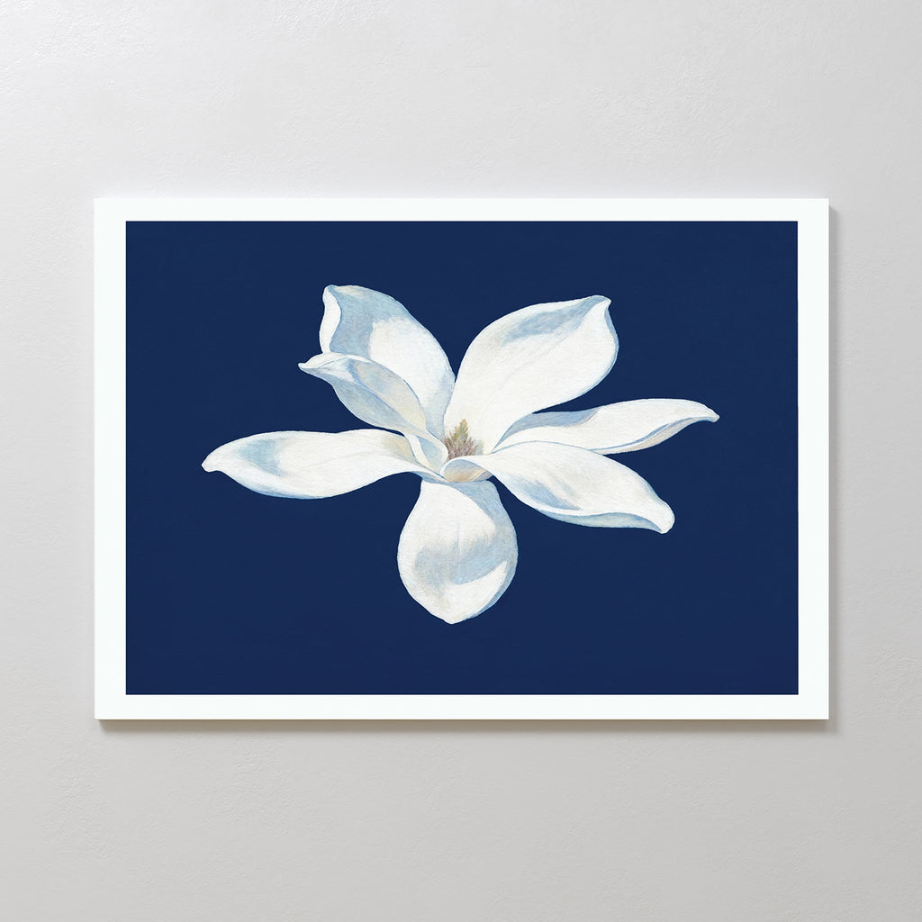 Midnight Magnolia Whisper – blue botanical canvas wall art print by Aspire Prints