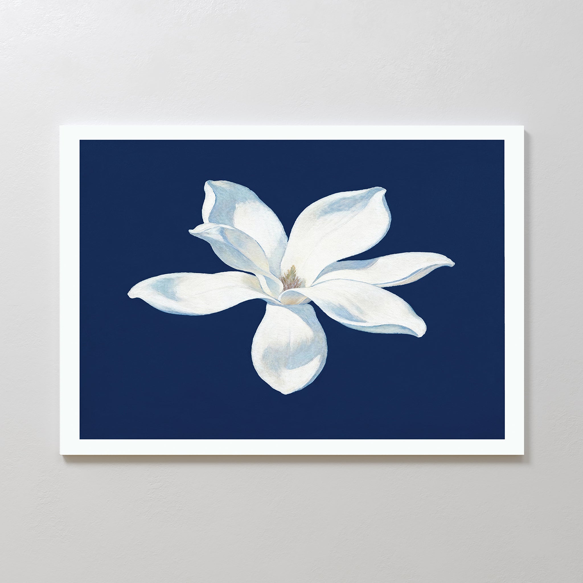 Midnight Magnolia Whisper – blue botanical canvas wall art print by Aspire Prints
