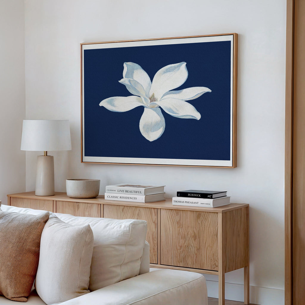 Midnight Magnolia Whisper – blue botanical canvas wall art print by Aspire Prints