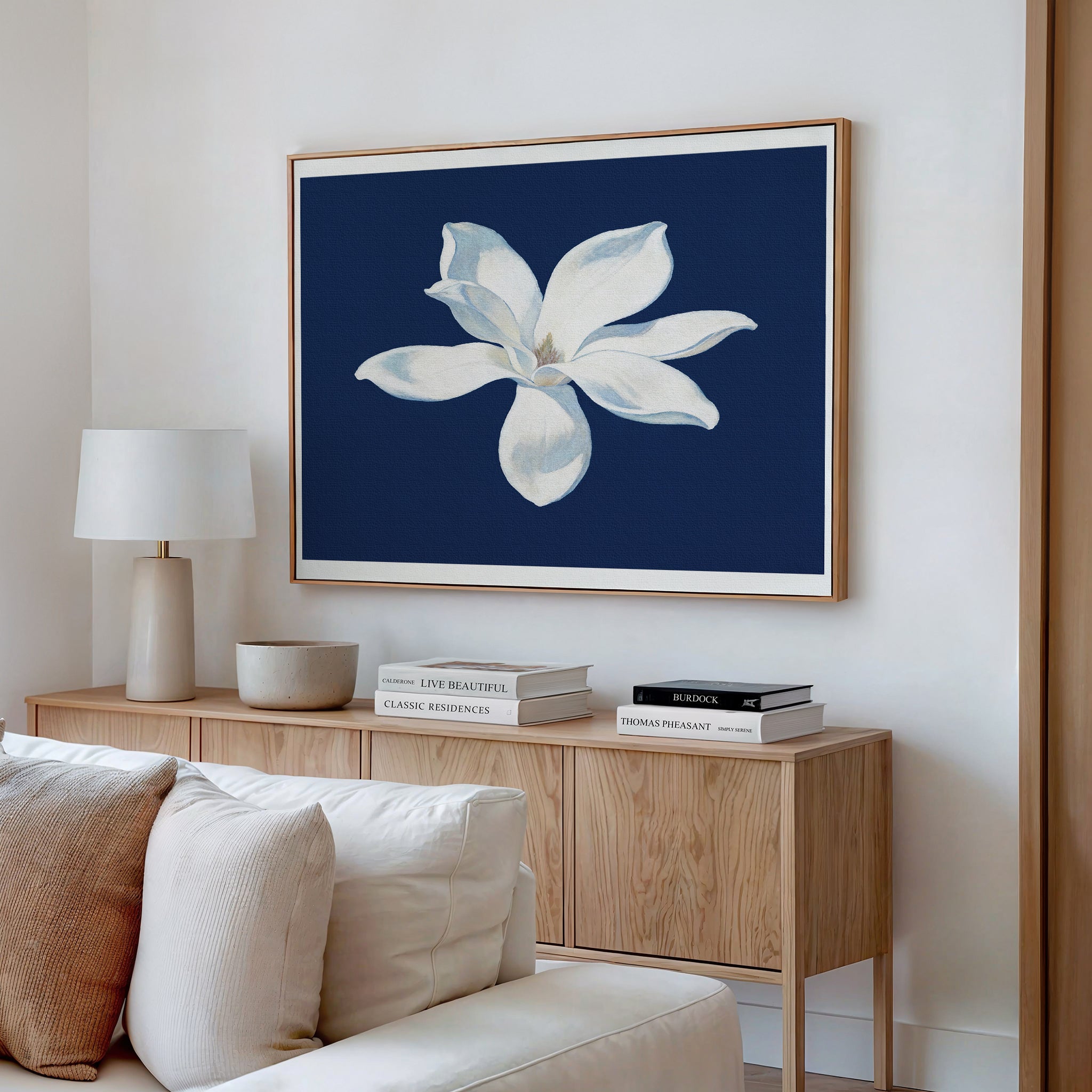 Midnight Magnolia Whisper – blue botanical canvas wall art print by Aspire Prints