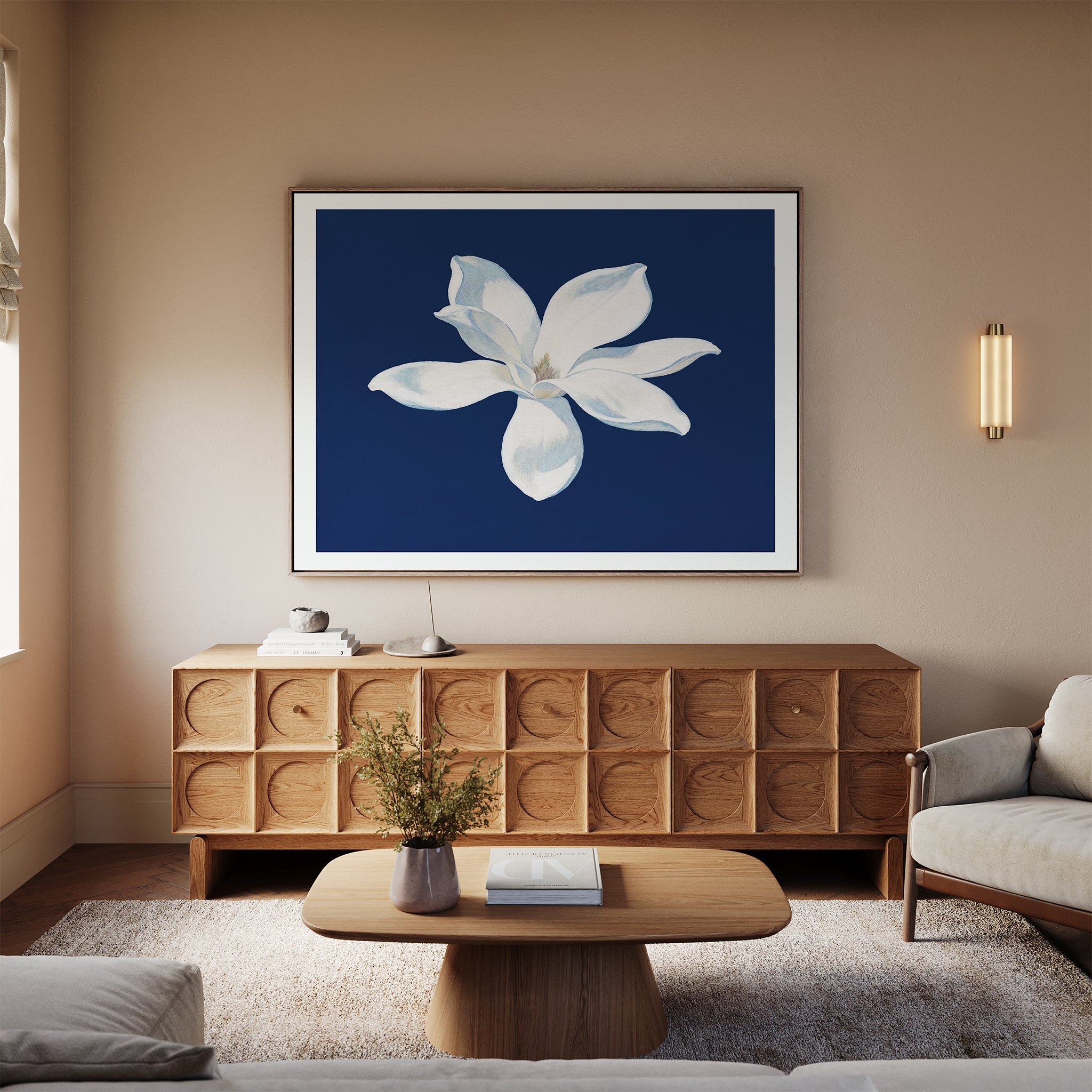 Midnight Magnolia Whisper – blue botanical canvas wall art print by Aspire Prints