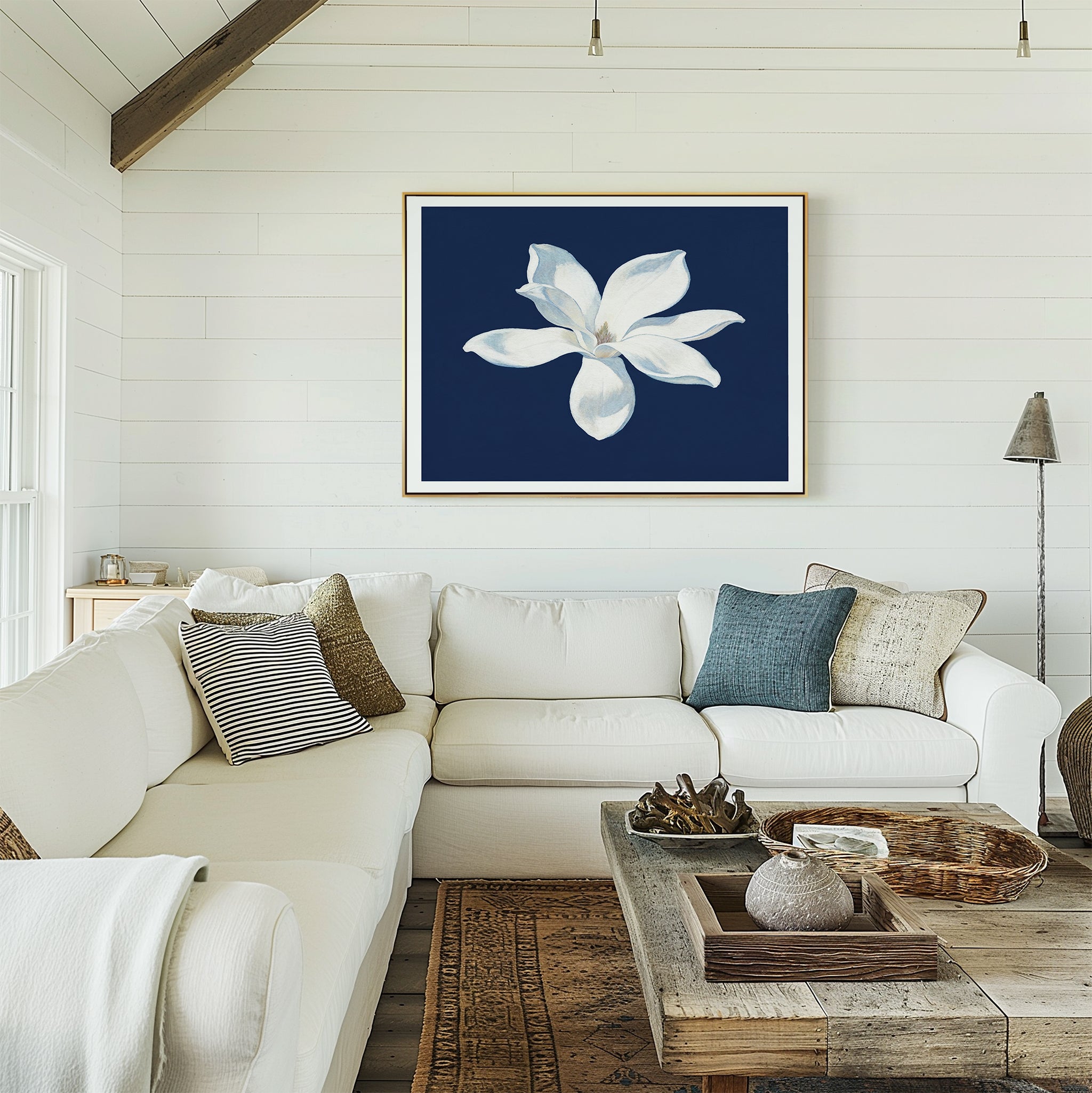 Midnight Magnolia Whisper – blue botanical canvas wall art print by Aspire Prints