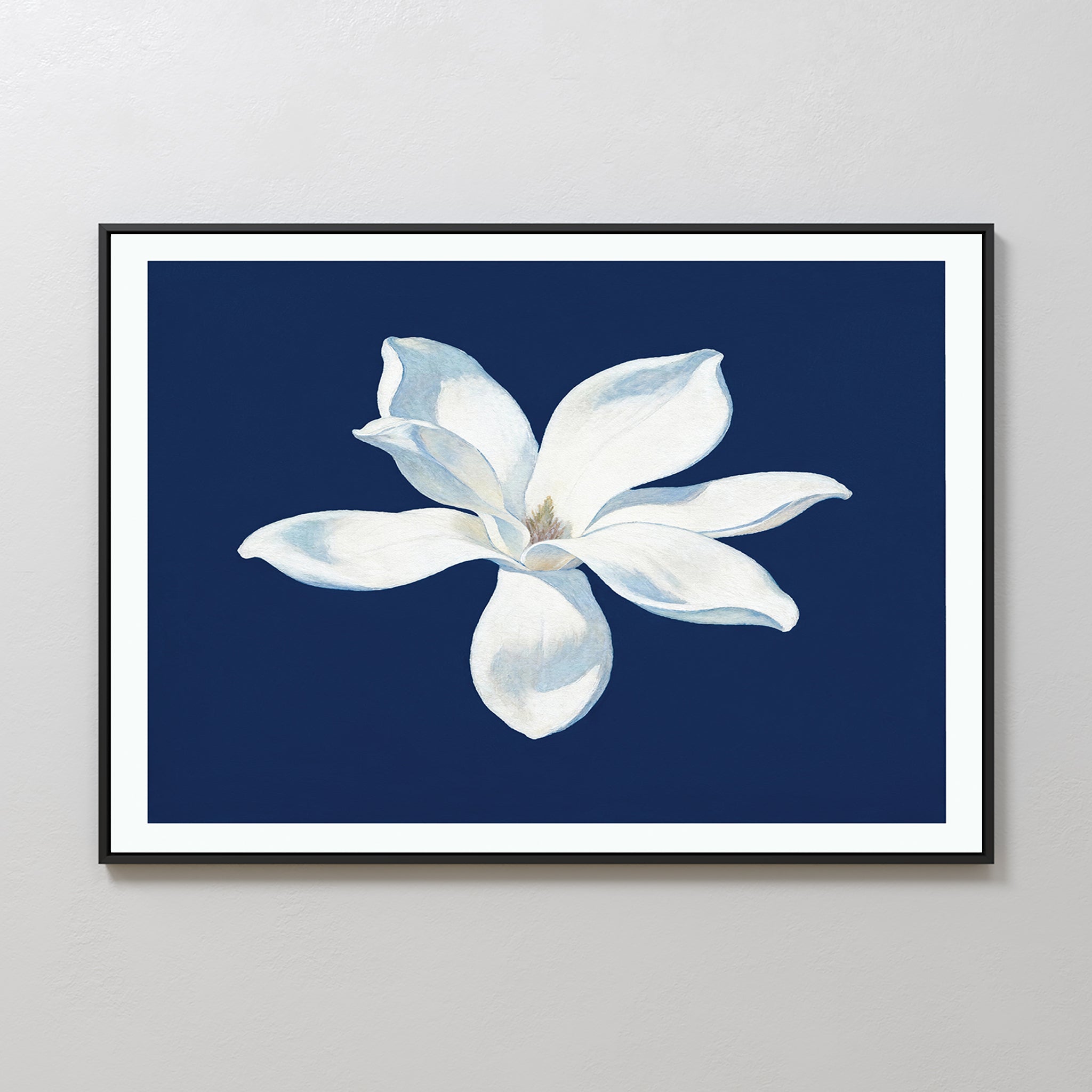 Midnight Magnolia Whisper – blue botanical canvas wall art print by Aspire Prints