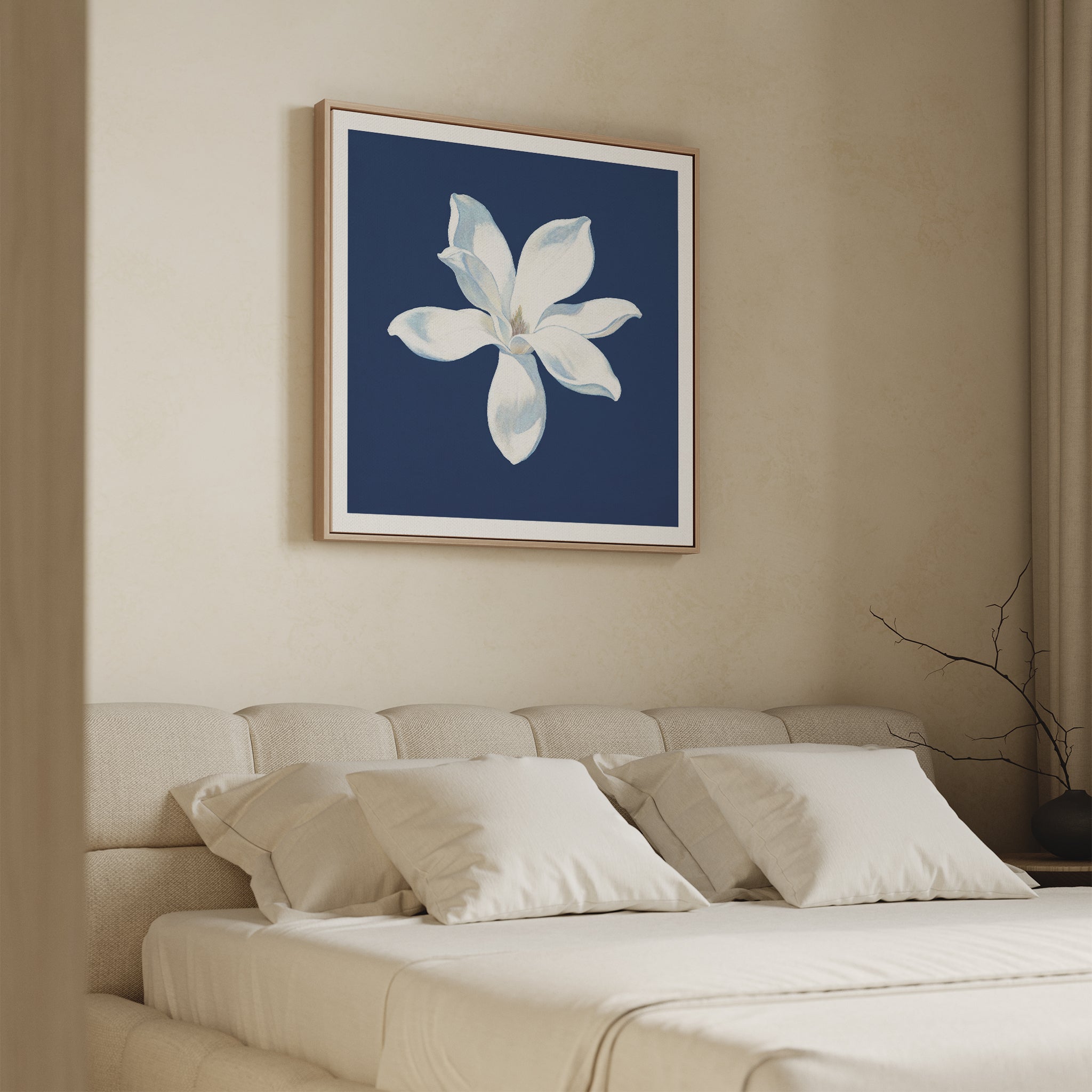 Magnolia Under Midnight – blue botanical canvas wall art print by Aspire Prints