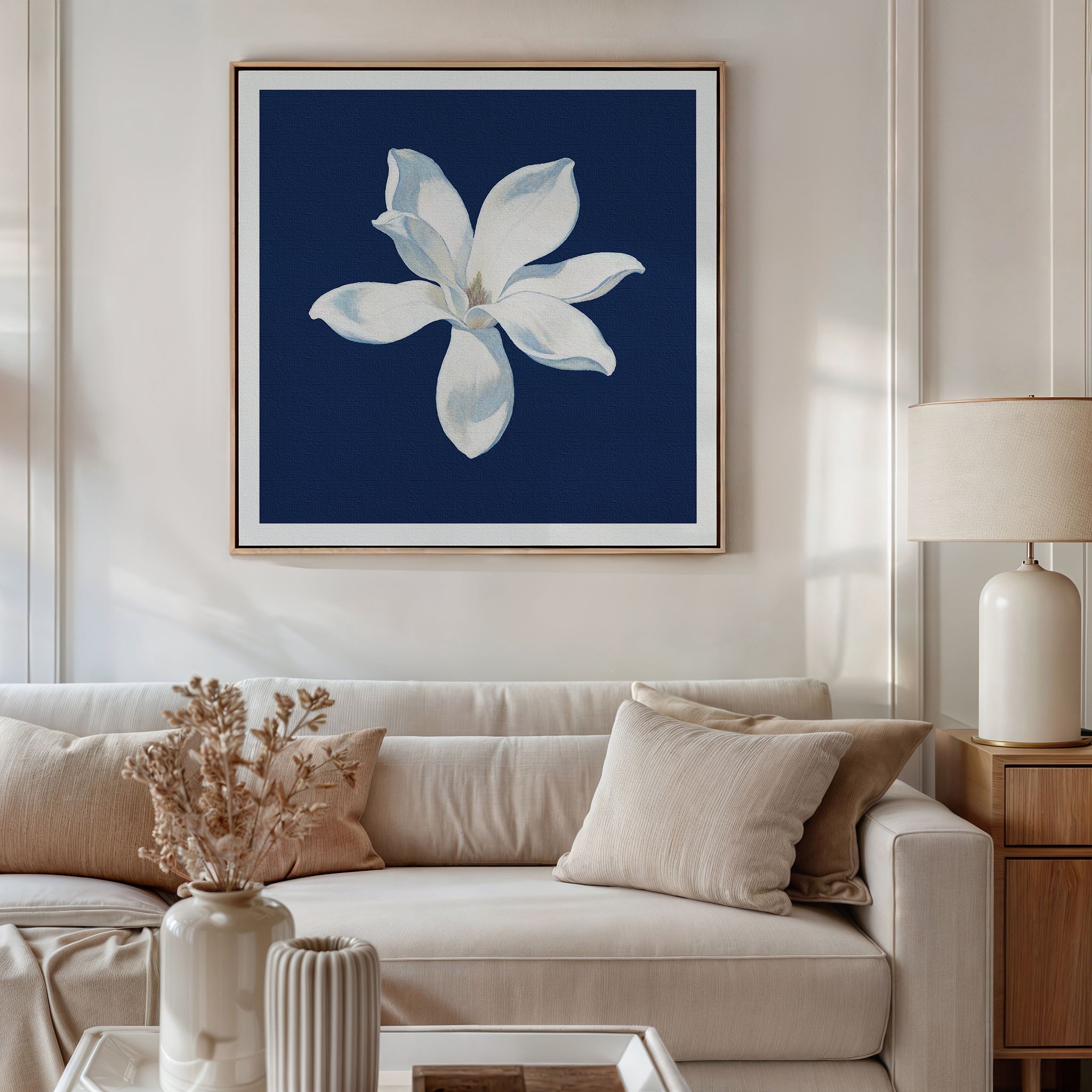 Magnolia Under Midnight – blue botanical canvas wall art print by Aspire Prints