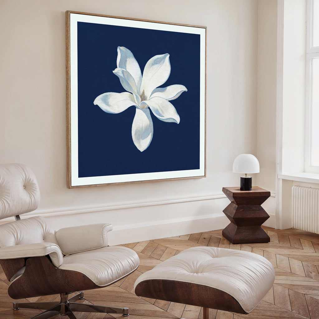 Magnolia Under Midnight – blue botanical canvas wall art print by Aspire Prints