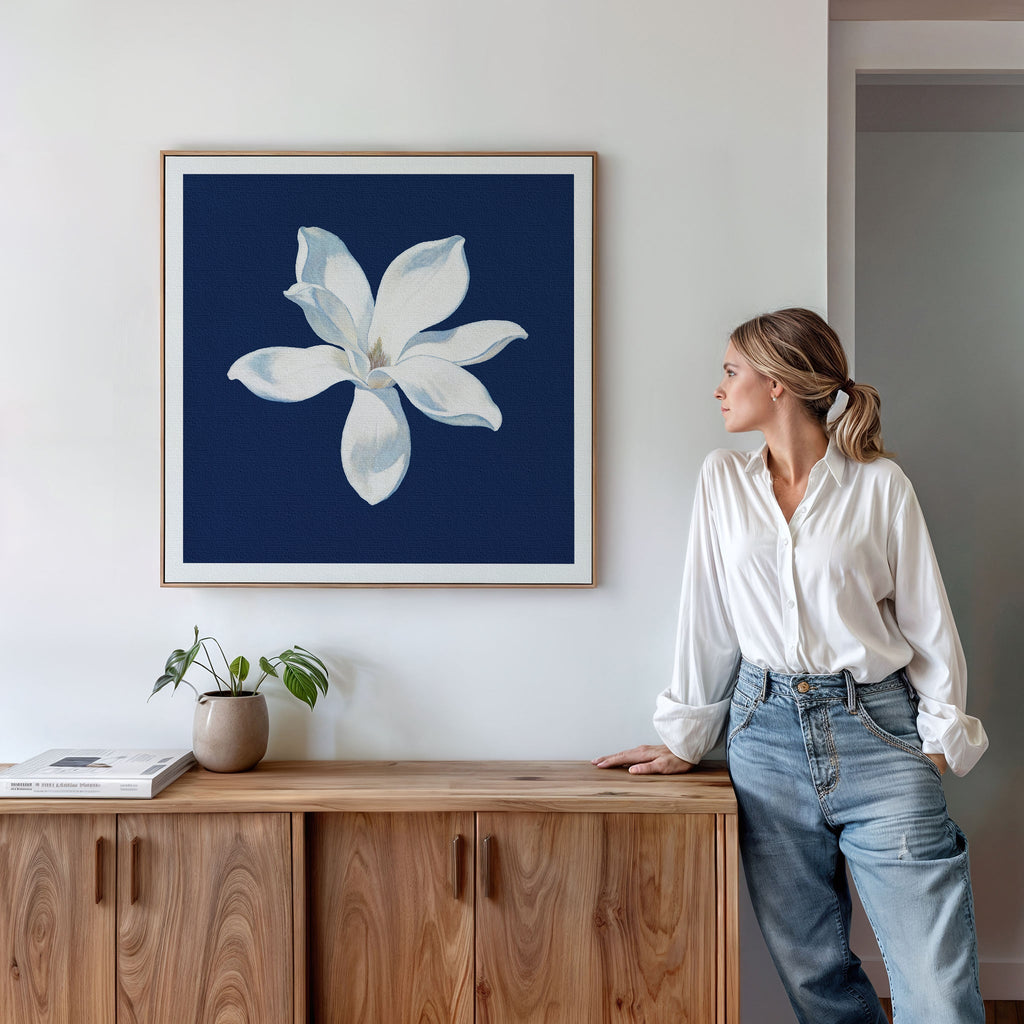 Magnolia Under Midnight – blue botanical canvas wall art print by Aspire Prints