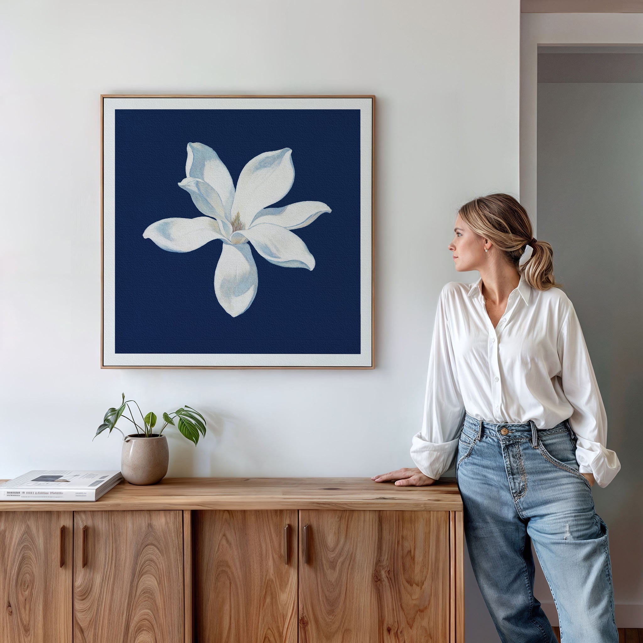 Magnolia Under Midnight – blue botanical canvas wall art print by Aspire Prints