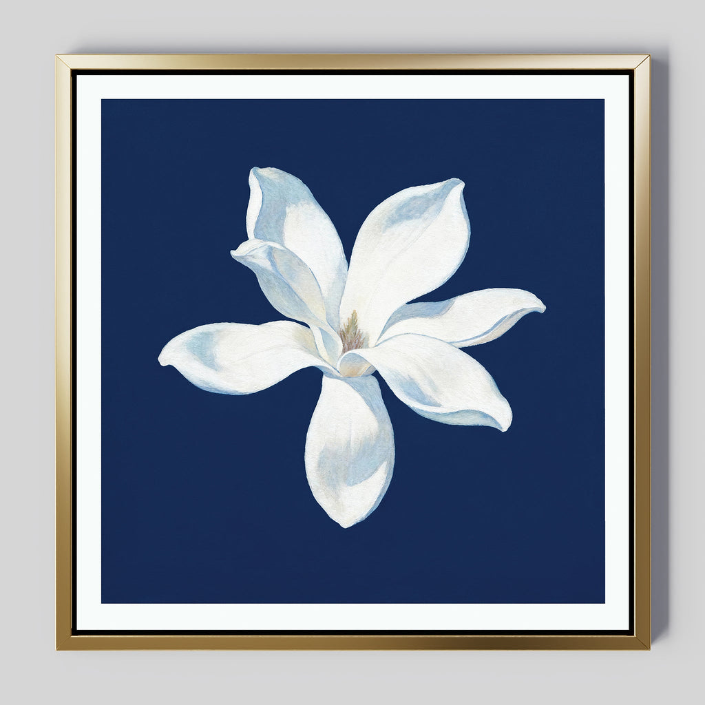 Magnolia Under Midnight – blue botanical canvas wall art print by Aspire Prints