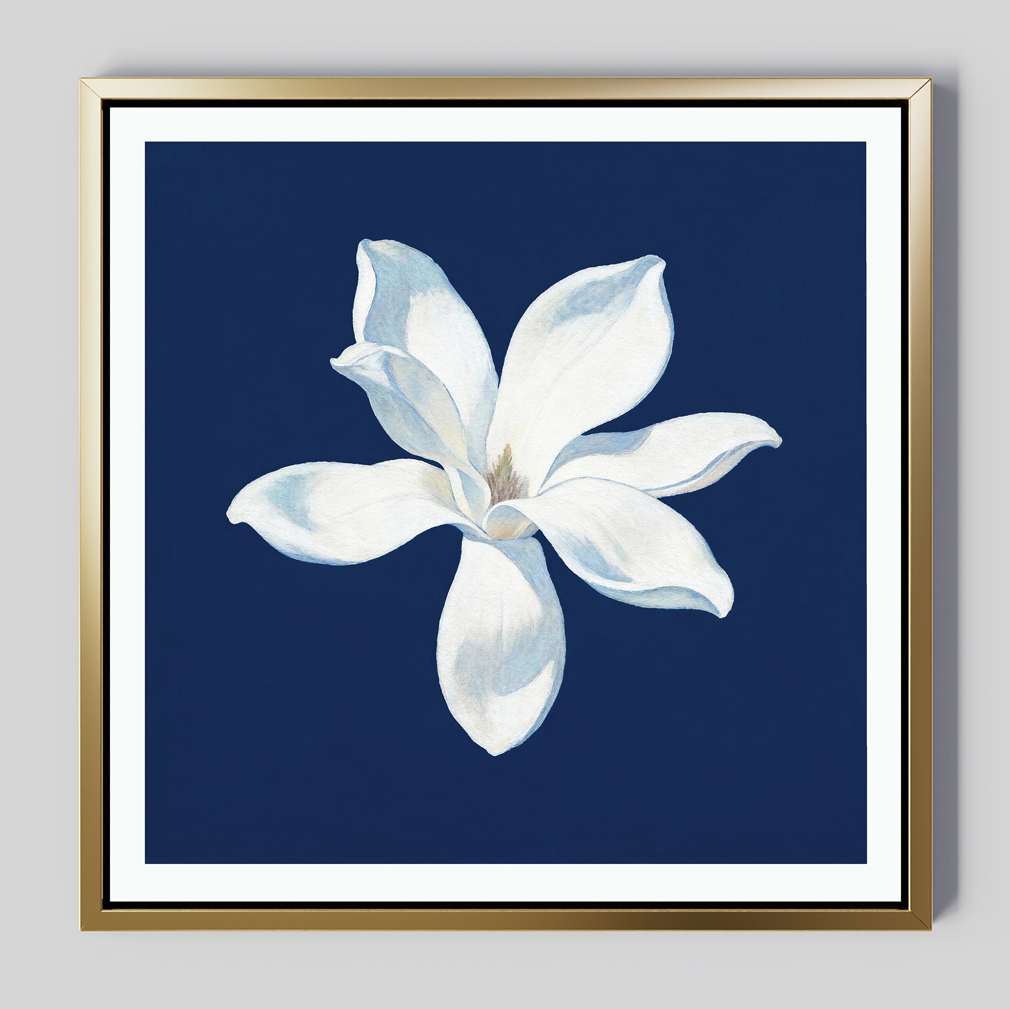 Magnolia Under Midnight – blue botanical canvas wall art print by Aspire Prints