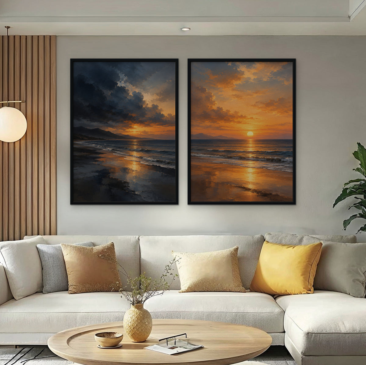 Stormy Beach Sunset Canvas Art - Set of 2 – Black Floating Frame in room setting