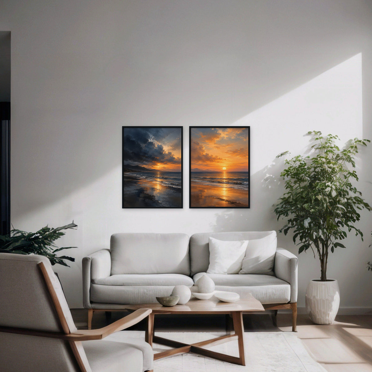 Stormy Beach Sunset Canvas Art - Set of 2 – Black Floating Frame in room setting