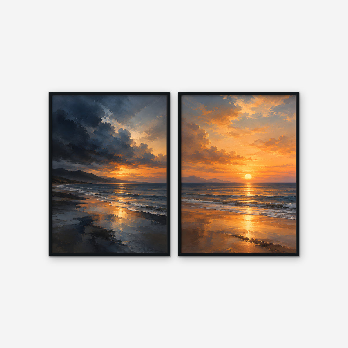 Stormy Beach Sunset Canvas Art - Set of 2 – Black Floating Frame on white background