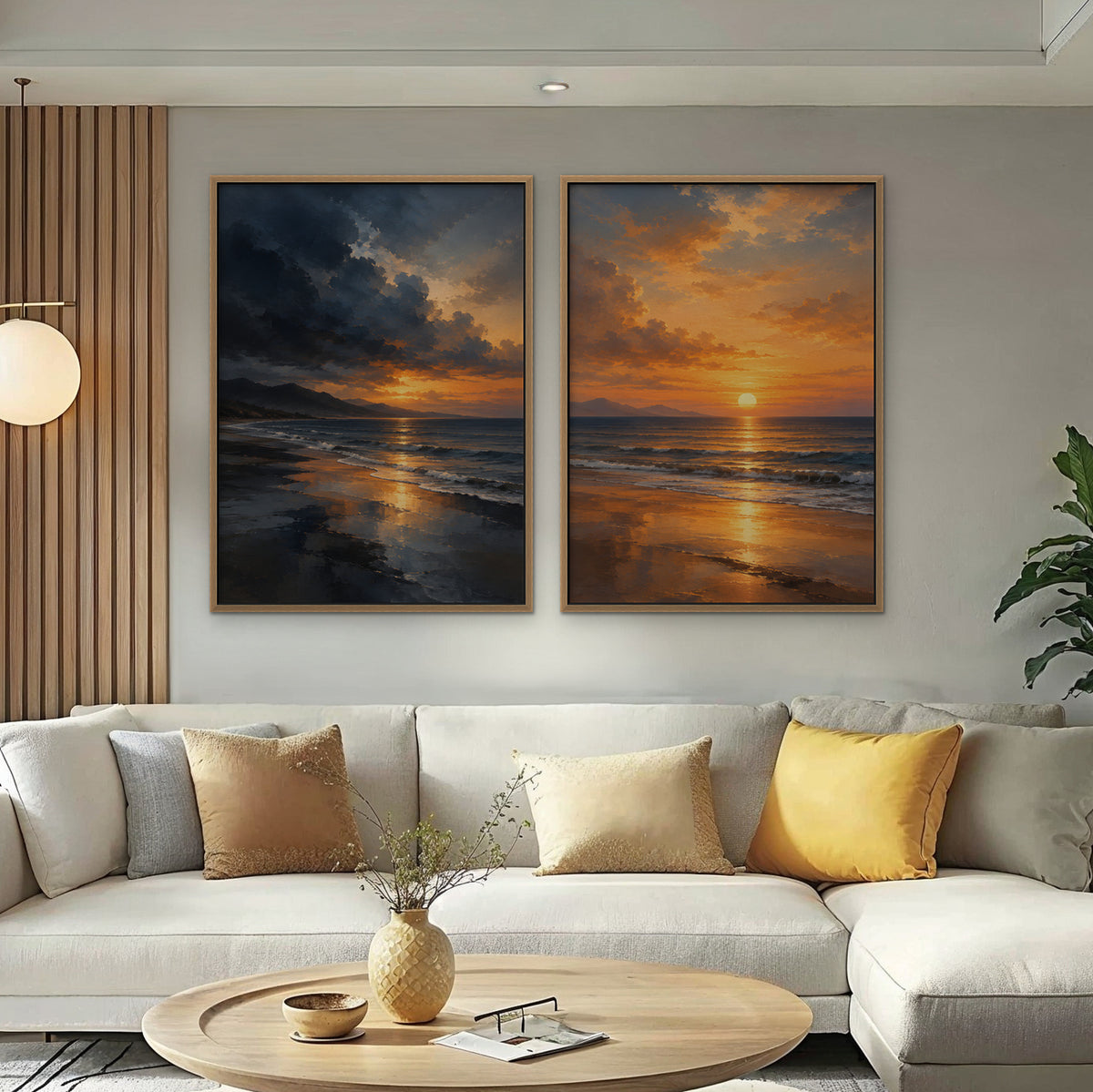 Stormy Beach Sunset Canvas Art - Set of 2 – Oak Floating Frame in room setting