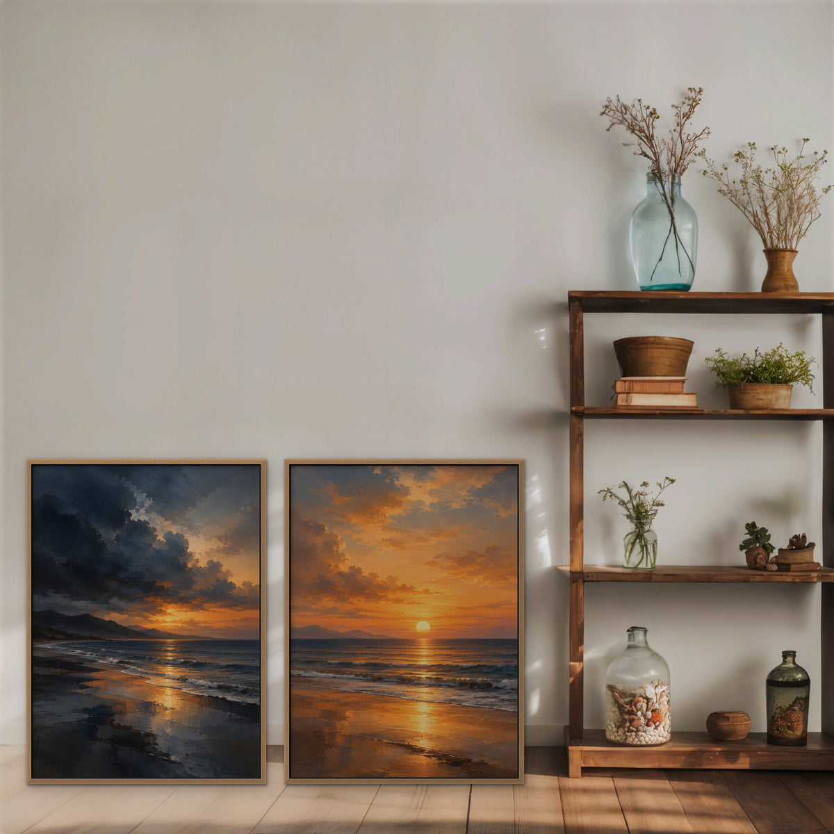 Stormy Beach Sunset Canvas Art - Set of 2 – Oak Floating Frame in room setting