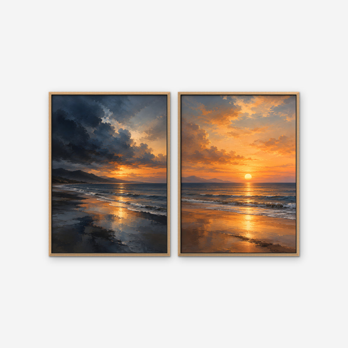 Stormy Beach Sunset Canvas Art - Set of 2 – Oak Floating Frame on white background
