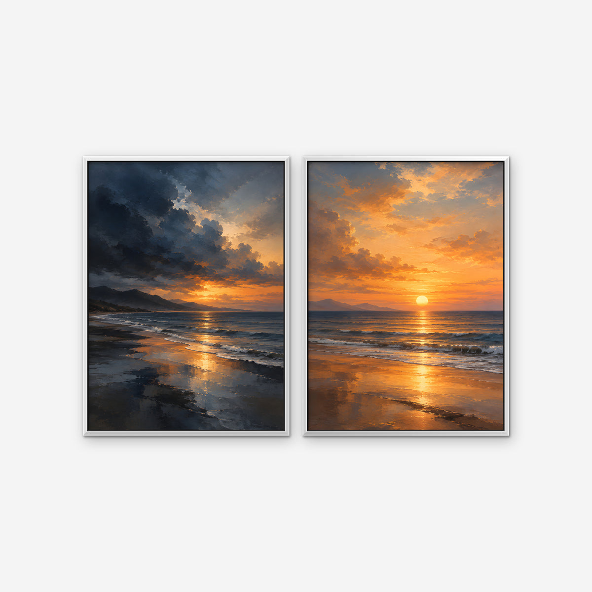 Stormy Beach Sunset Canvas Art - Set of 2 – White Floating Frame on white background