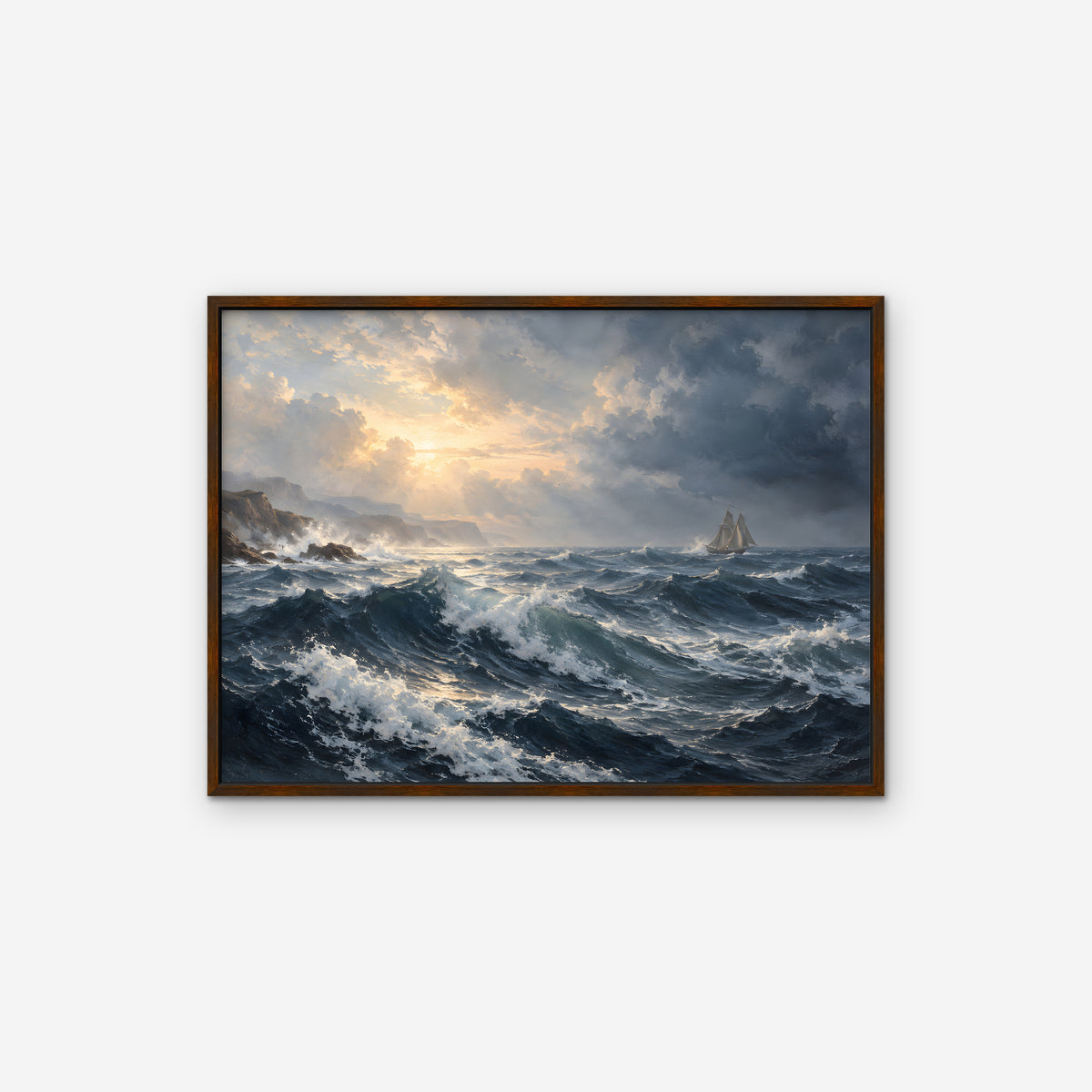 Stormy Sea Sail Canvas Art - Horizontal – Walnut Floating Frame on white background