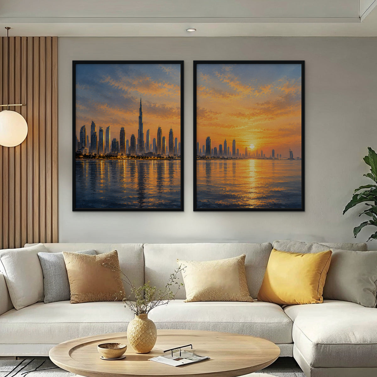 Sunset City Skyline Canvas Art - Set of 2 – Black Floating Frame in room setting