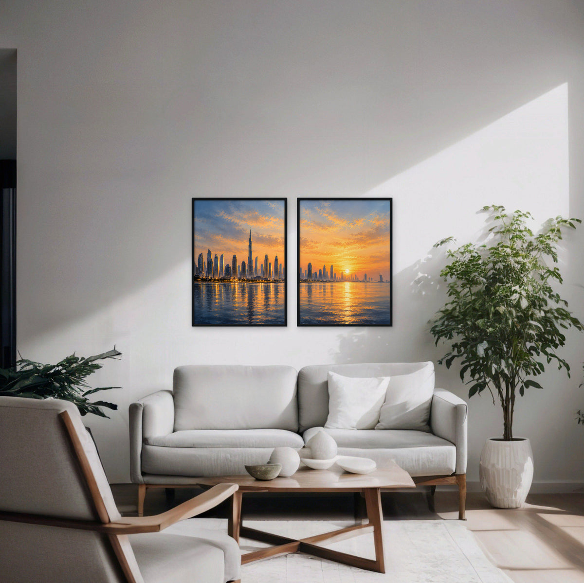 Sunset City Skyline Canvas Art - Set of 2 – Black Floating Frame in room setting
