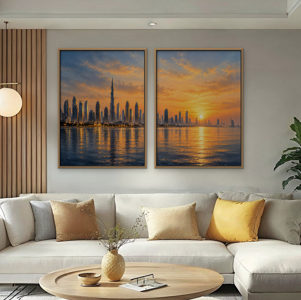 Sunset City Skyline Canvas Art - Set of 2 – Oak Floating Frame in room setting