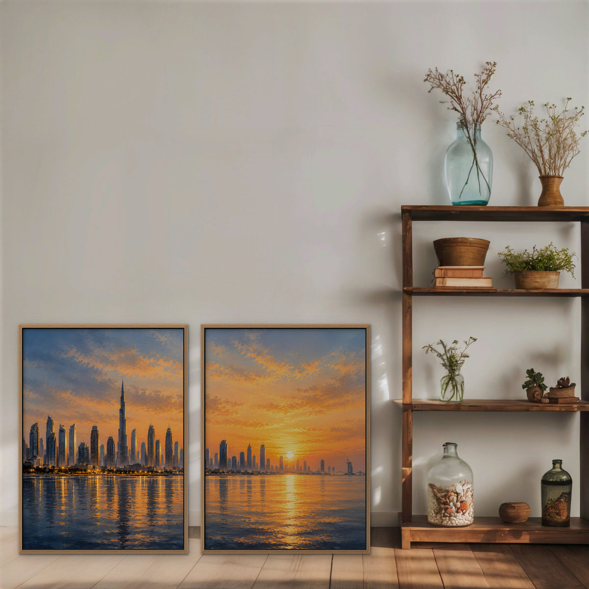 Sunset City Skyline Canvas Art - Set of 2 – Oak Floating Frame in room setting