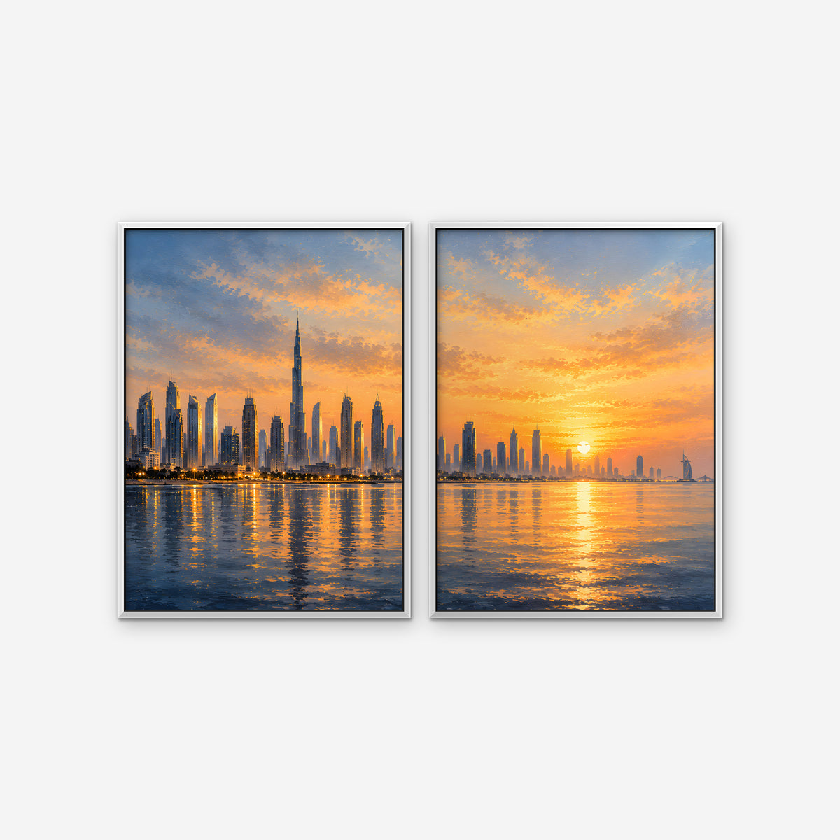 Sunset City Skyline Canvas Art - Set of 2 – White Floating Frame on white background