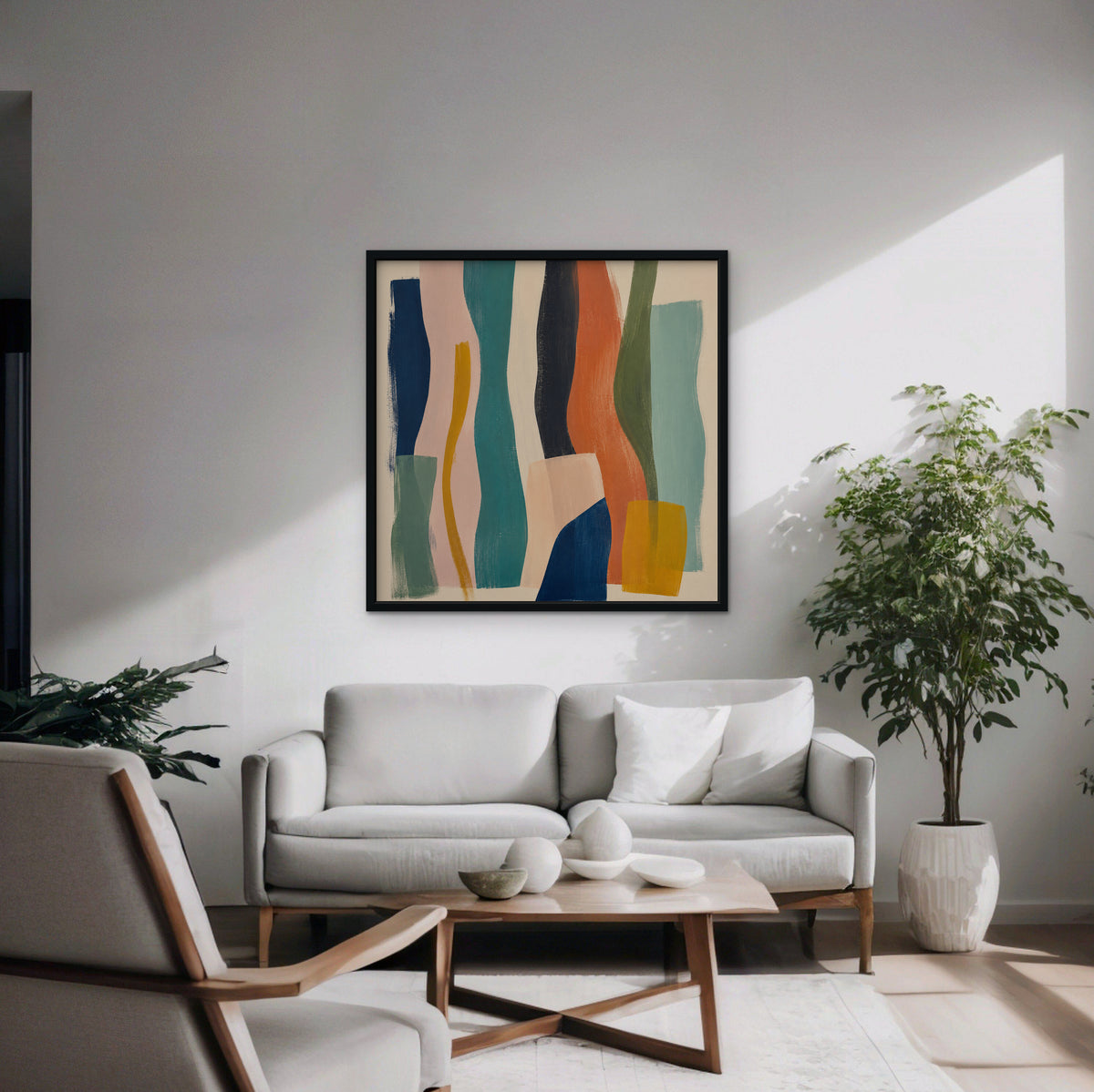 Teal and Coral Ribbons Canvas Art – square teal and coral abstract print in a black floating frame in a modern living room