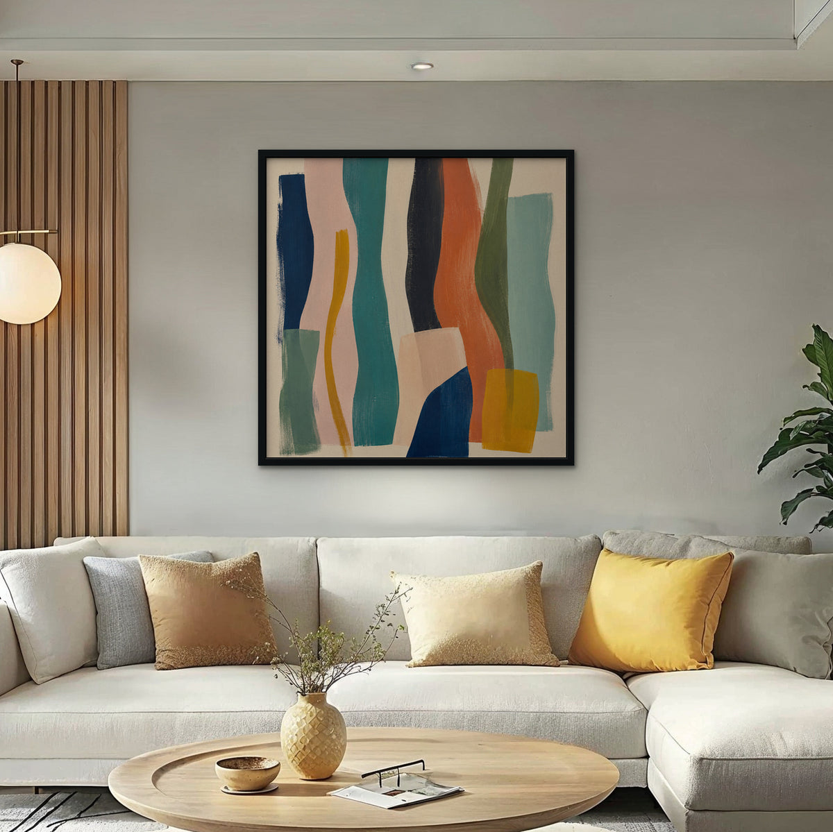 Teal and Coral Ribbons Canvas Art – square teal and coral abstract print in a black floating frame in a bright living room