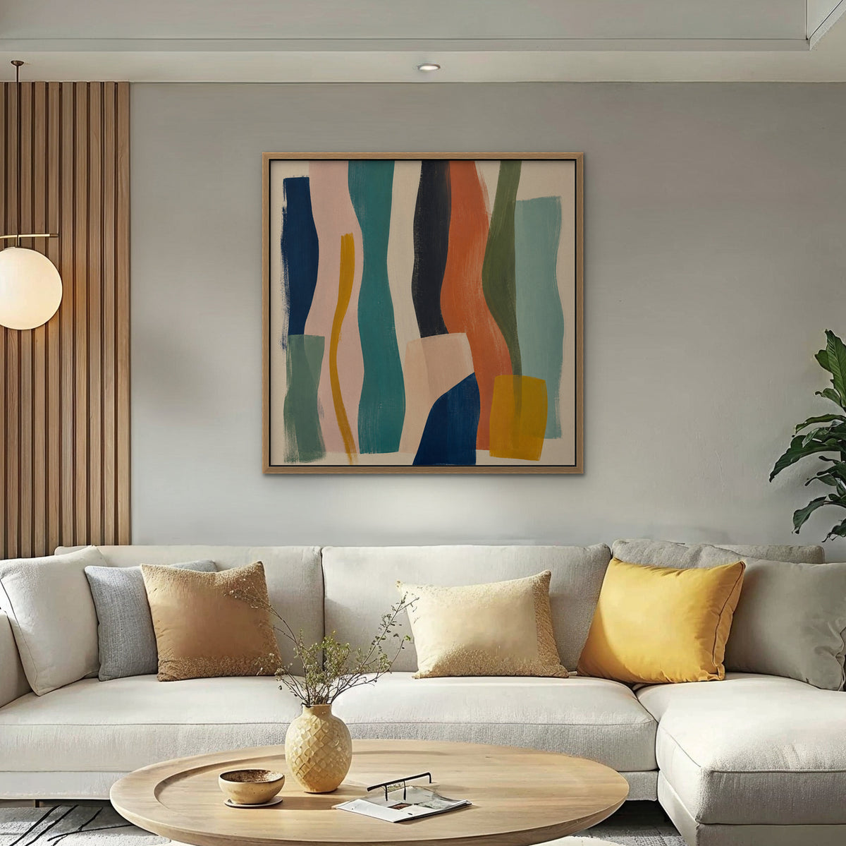 Teal and Coral Ribbons Canvas Art – square teal and coral abstract print in an oak floating frame in a bright living room