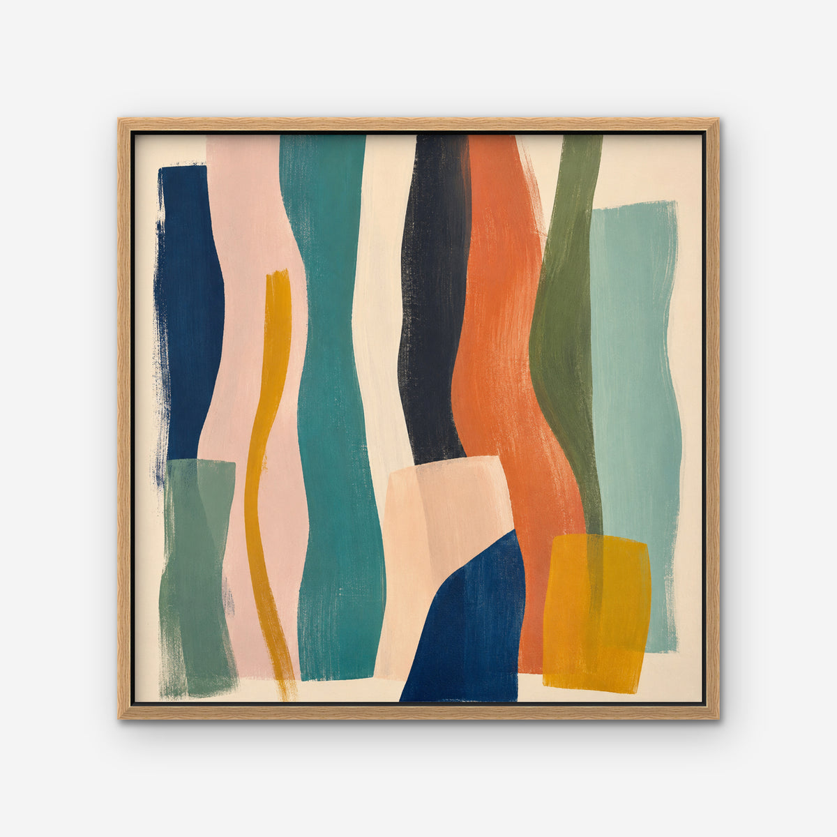 Teal and Coral Ribbons Canvas Art – square teal and coral abstract print in an oak floating frame on a white background