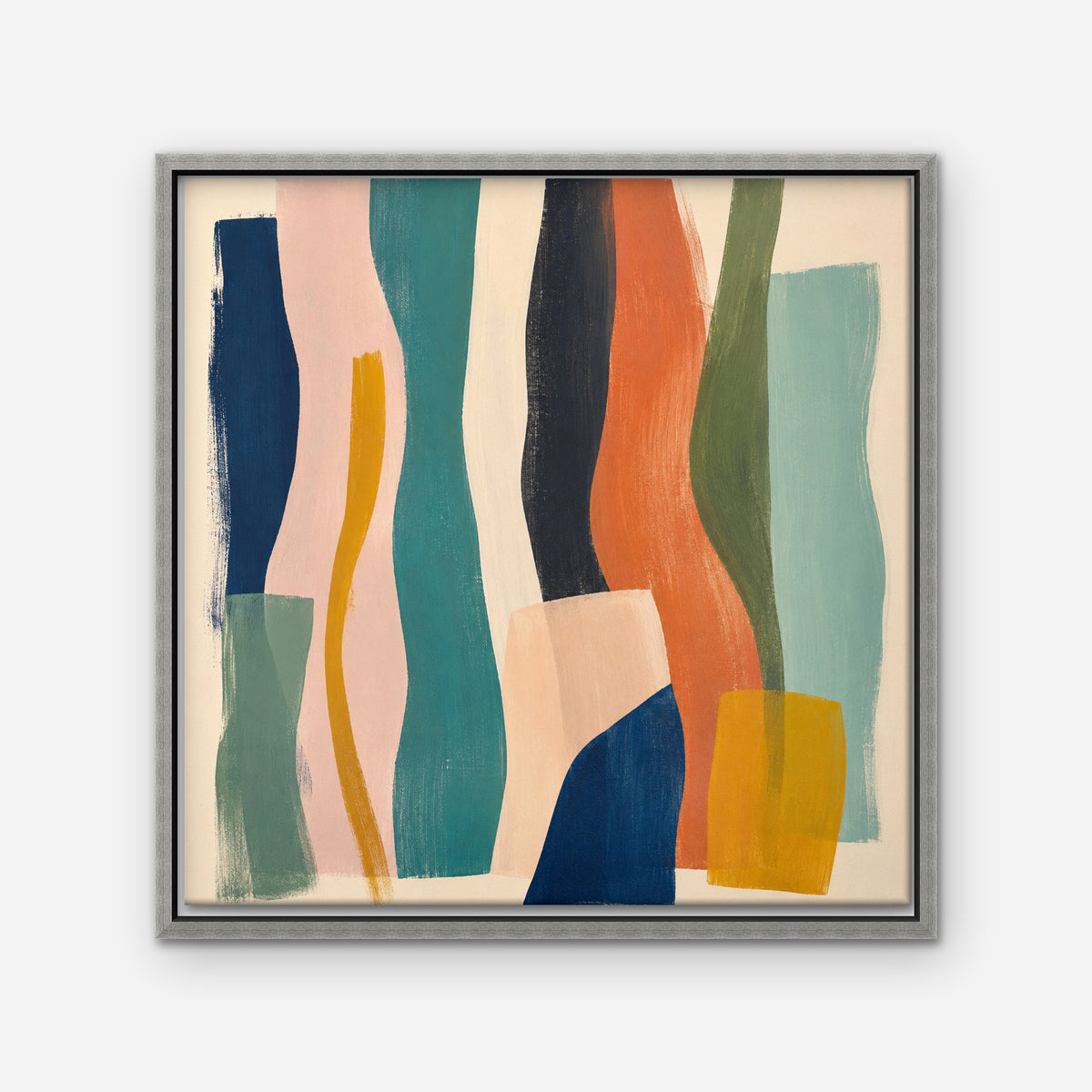 Teal and Coral Ribbons Canvas Art - Square – Silver Floating Frame on white background