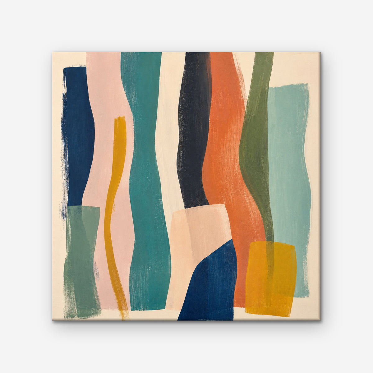 Teal and Coral Ribbons Canvas Art – square teal and coral abstract print as a gallery-wrapped canvas on a white background